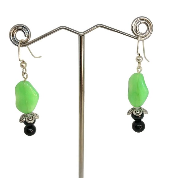 Handcrafted Green And Black Beaded Dangle Earrings With Silver-Tone Accents - Picture 1 of 5